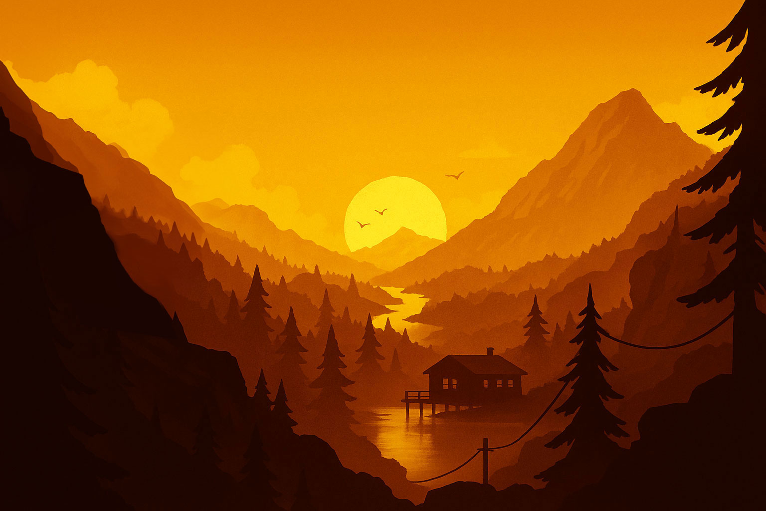A small cabin beside a river in a quiet mountain valley at sunset